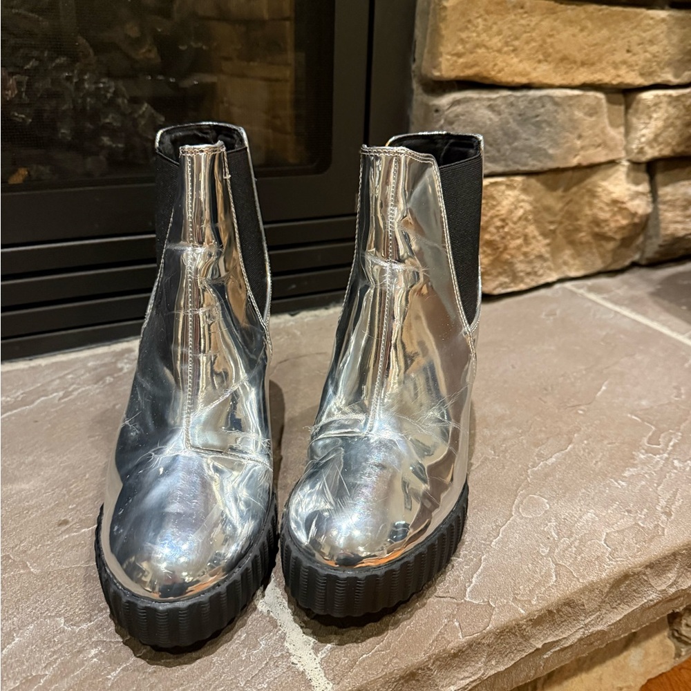 Silver Block Heel Ankle Boots - Picture 2 of 3